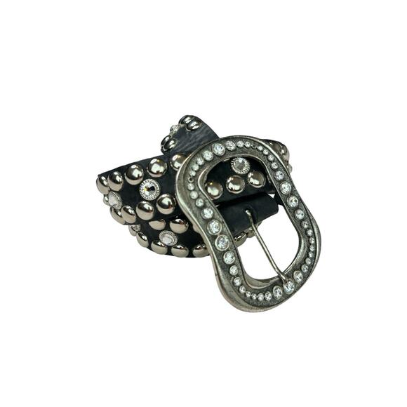 LEATHEROCK USA VINTAGE Black Leather Studded Rhinestone Belt Size Large 41” L main image 4